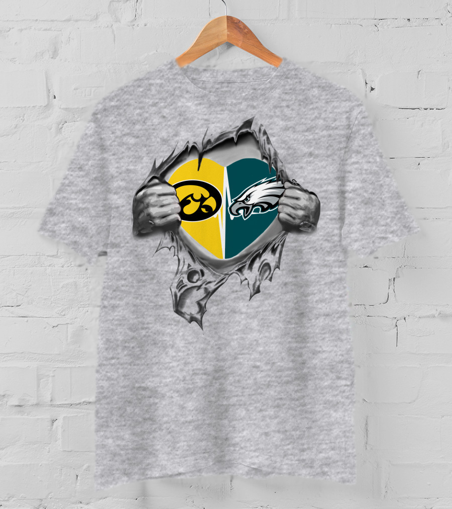 Eagles Iowa Hawkeyes Heart Logo Fusion Silver Torn T-Shirt