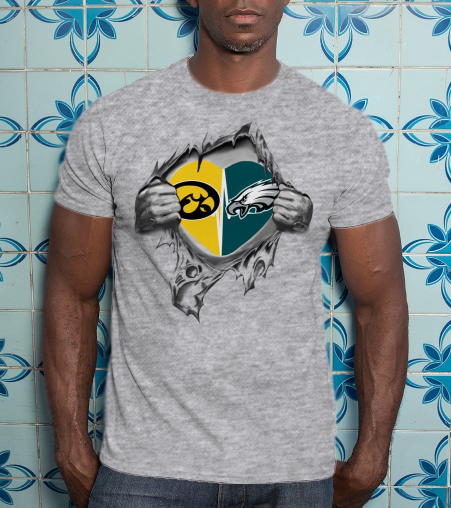Eagles Iowa Hawkeyes Heart Logo Fusion Silver Torn T-Shirt
