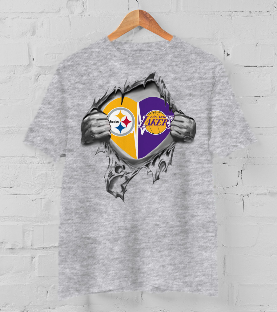 Pittsburgh Steelers Los Angeles Lakers Heart Logo Fusion T-Shirt