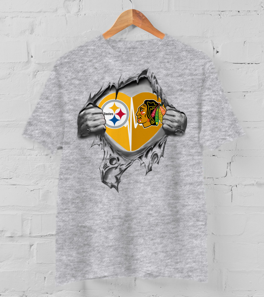 Steelers Blackhawks Heart Exposed Through Torn Surface Hands T-Shirt