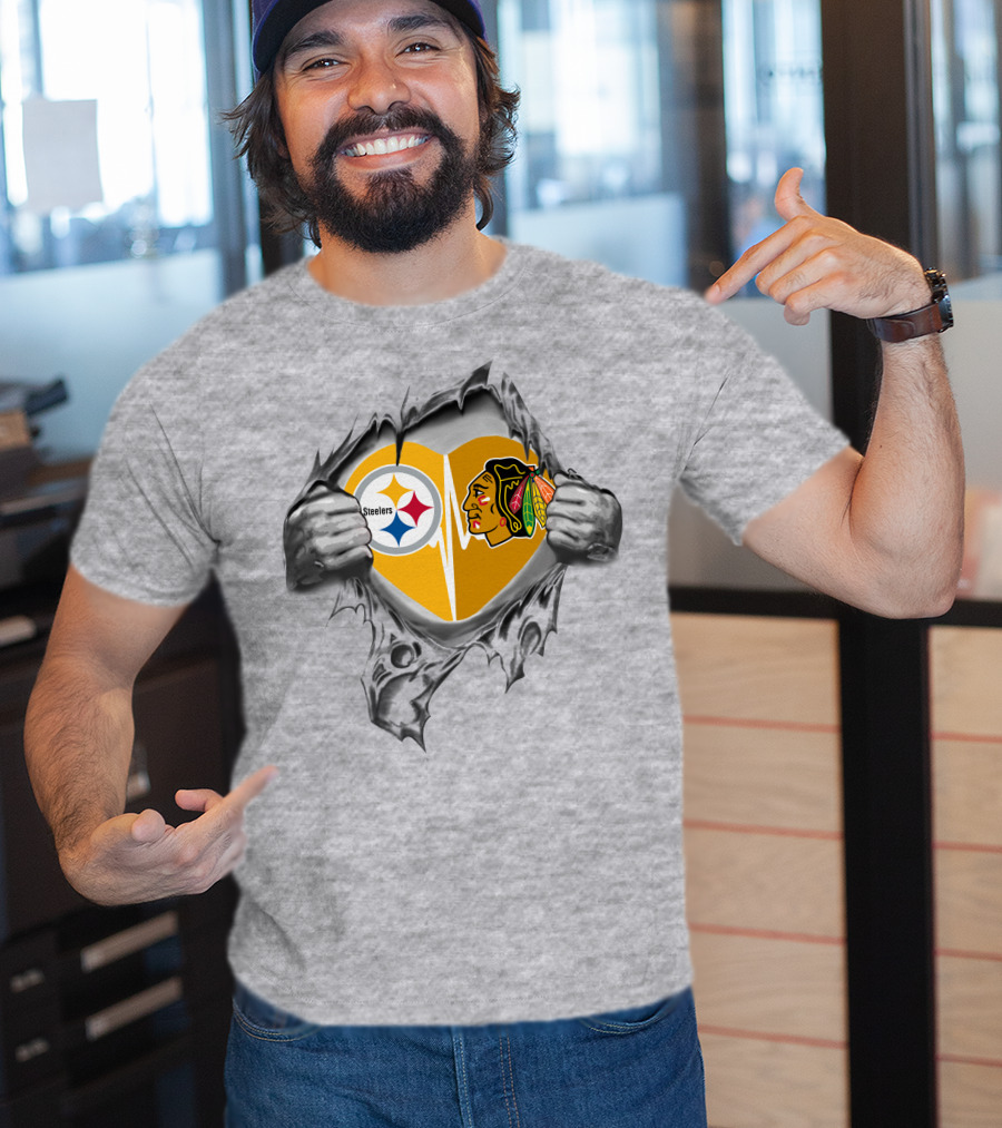 Steelers Blackhawks Heart Exposed Through Torn Surface Hands T-Shirt
