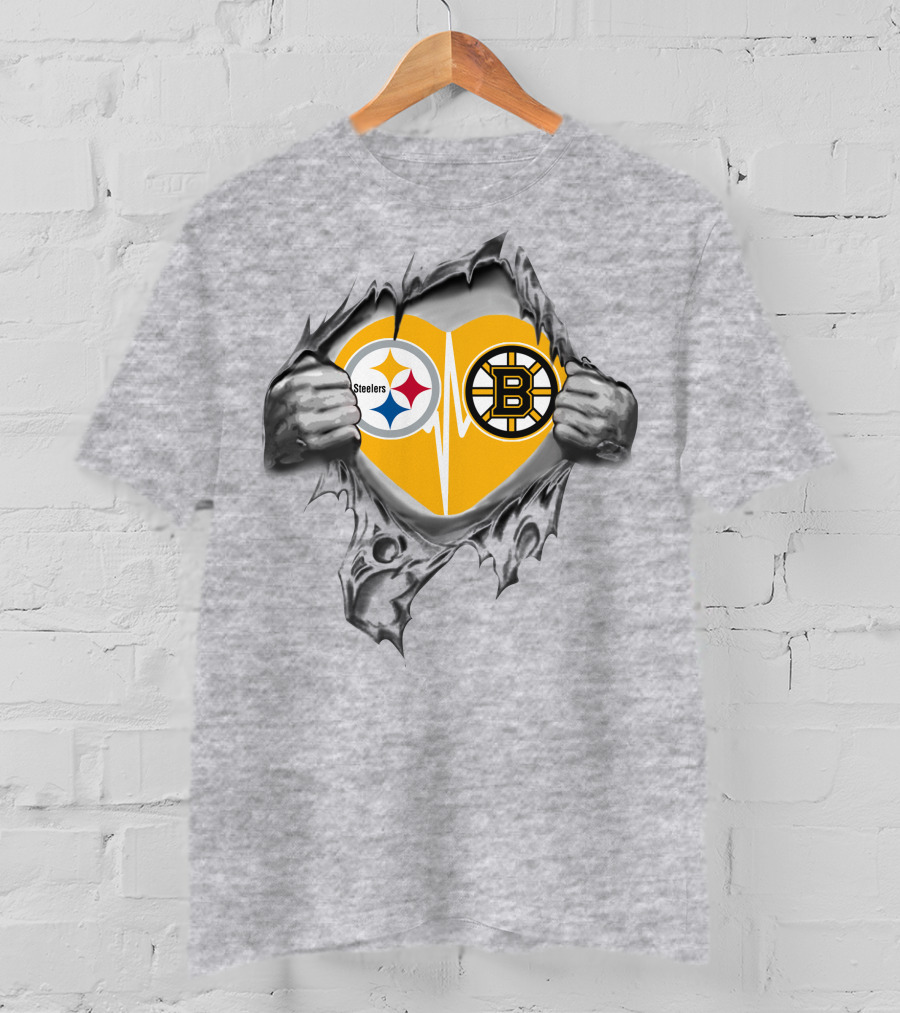 Steelers Bruins Heart Torn Open With Logos T-Shirt