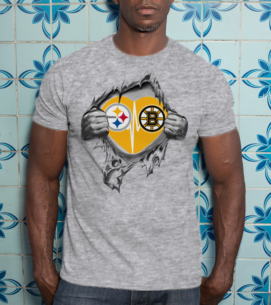 Steelers Bruins Heart Torn Open With Logos T-Shirt