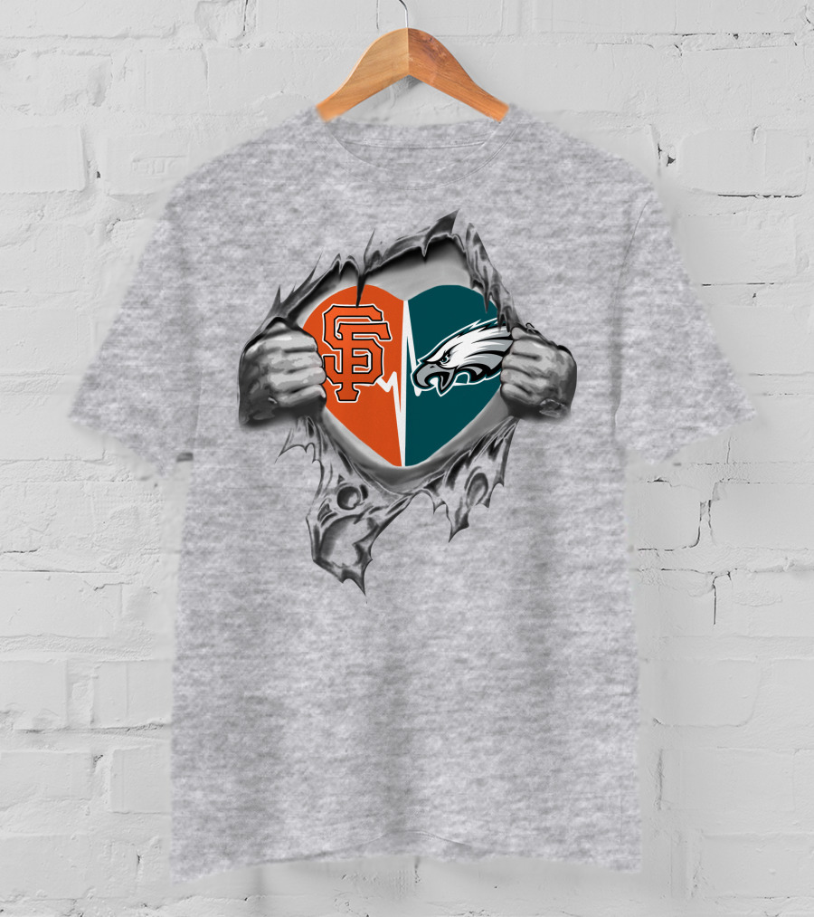 Eagles Giants Heart Logos Torn Fabric Teared Hands T-Shirt
