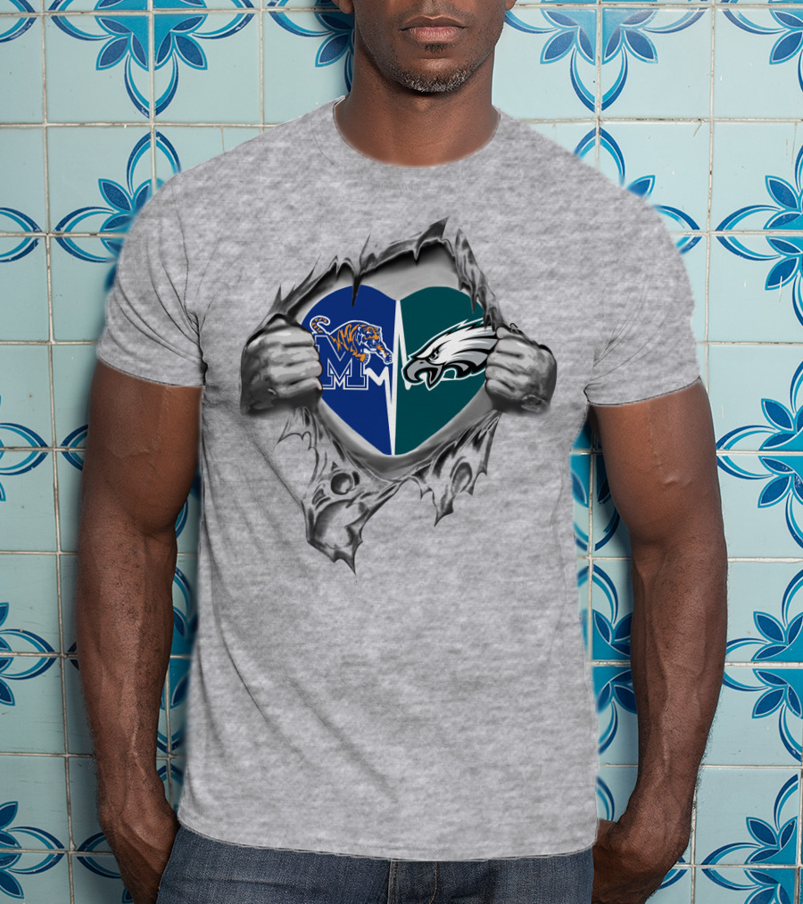 Eagles Memphis Tigers Heart Logos Together T-Shirt