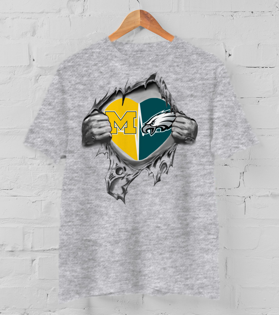 Michigan And Philadelphia Eagles Heart Unity T-Shirt