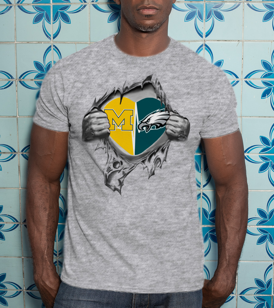 Michigan And Philadelphia Eagles Heart Unity T-Shirt