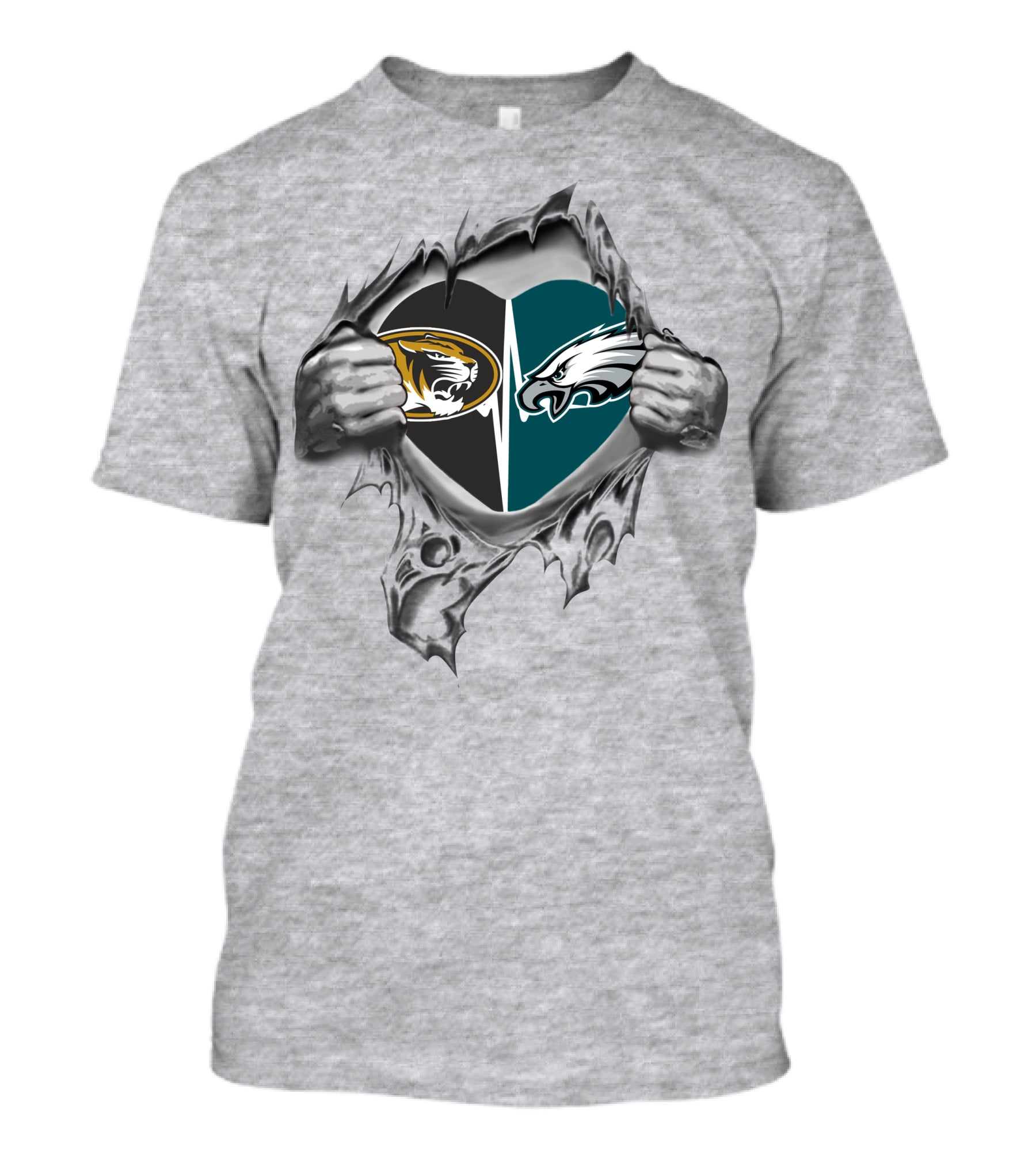 Eagles Missouri Tigers Heart With Logos And Torn Fabric T-Shirt