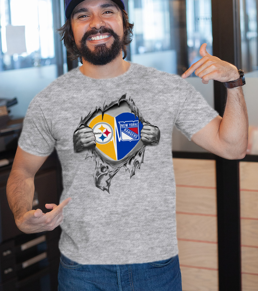 Steelers New York Rangers Heart Steel Tear T-Shirt