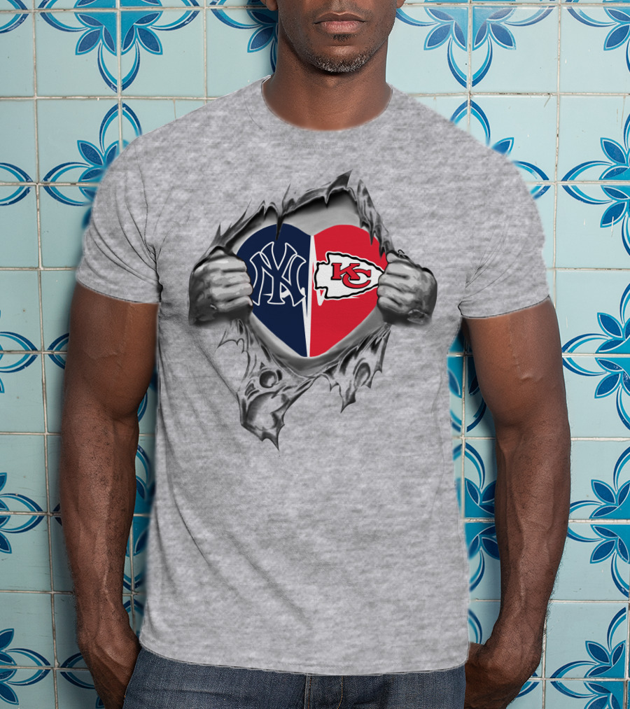 Chiefs Yankees Heart Logo Split With Hands Ripping Wall T-Shirt