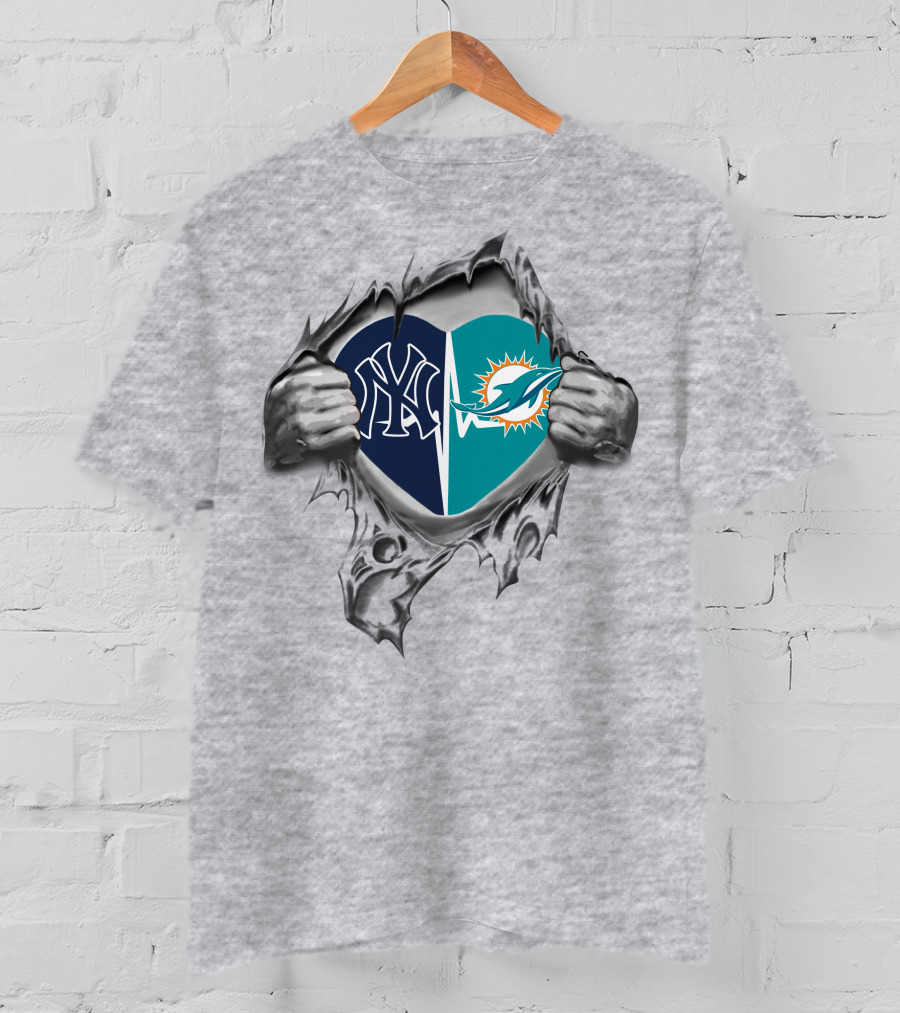 Dolphins Yankees Heart With Peeling Fabric T-Shirt