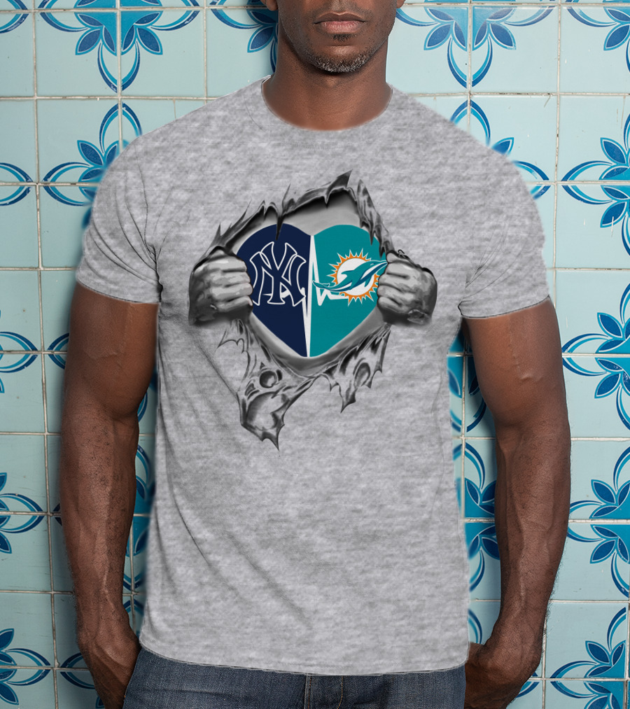 Dolphins Yankees Heart With Peeling Fabric T-Shirt