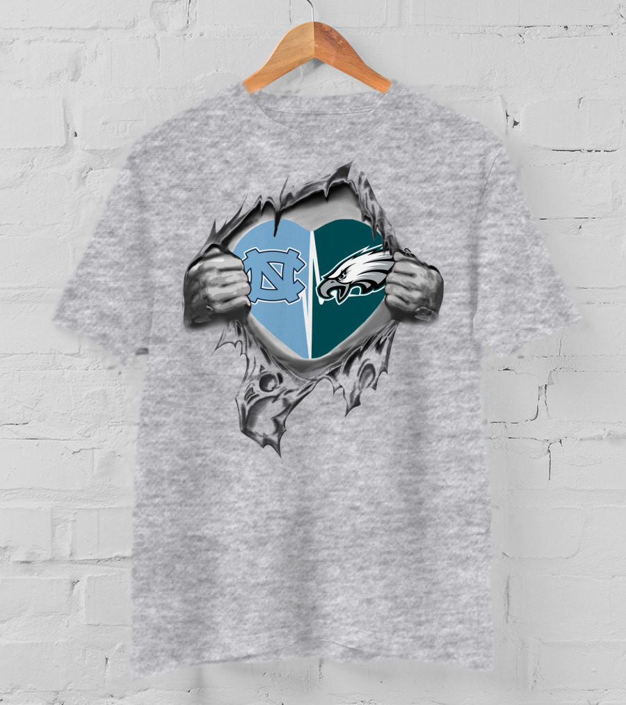 Eagles Tar Heels Heart Design With Hands Tearing Background T-Shirt