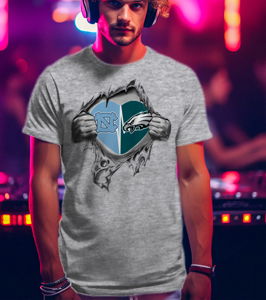 Eagles Tar Heels Heart Design With Hands Tearing Background T-Shirt