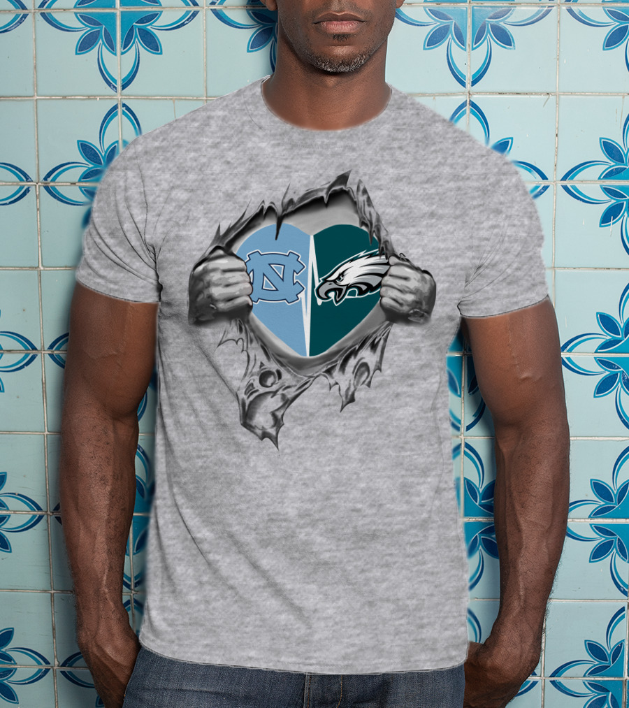 Eagles Tar Heels Heart Design With Hands Tearing Background T-Shirt