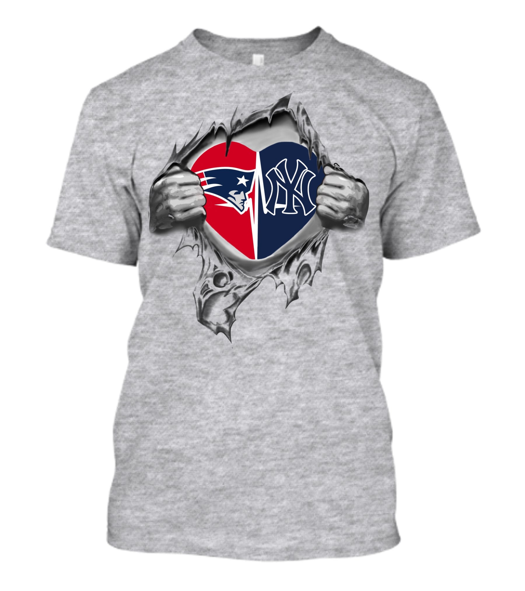 Patriots Yankees Heart Divided Emblem Inside Torn Gray Surface T-Shirt