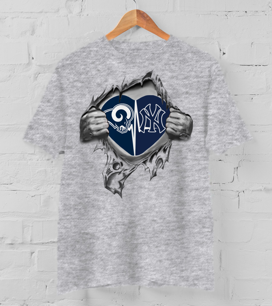 Rams Yankees Heart Split Hidden Under Ripped Surface T-Shirt