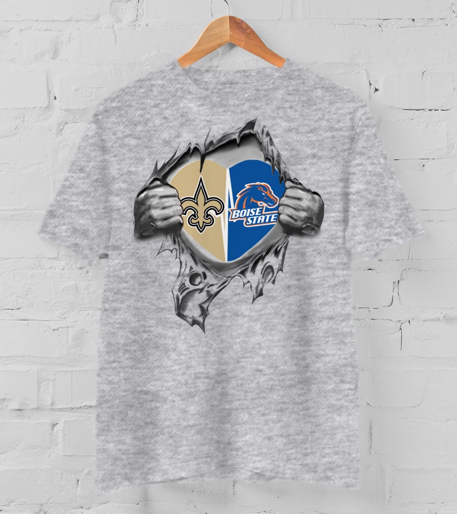 Boise State Broncos And Saints Heart Emblem Burst T-Shirt