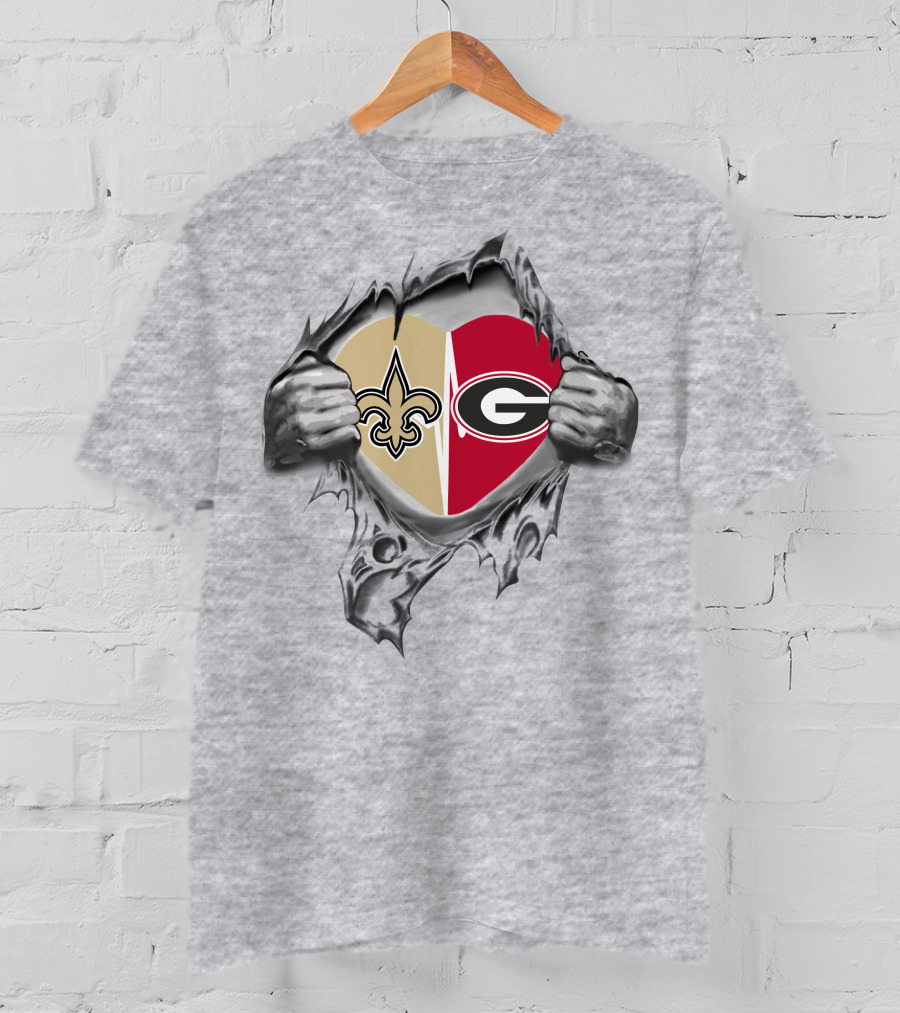 Saints Bulldogs Heart Torn Open Fleur-de-Lis Georgia T-Shirt