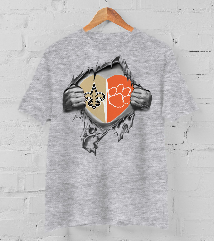 Saints Clemson Tigers Heart Design Football T-Shirt