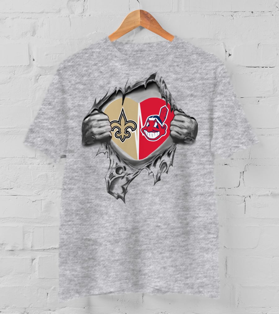 Saints Indians Heart With NFL Fleur-de-Lis And Chief T-Shirt