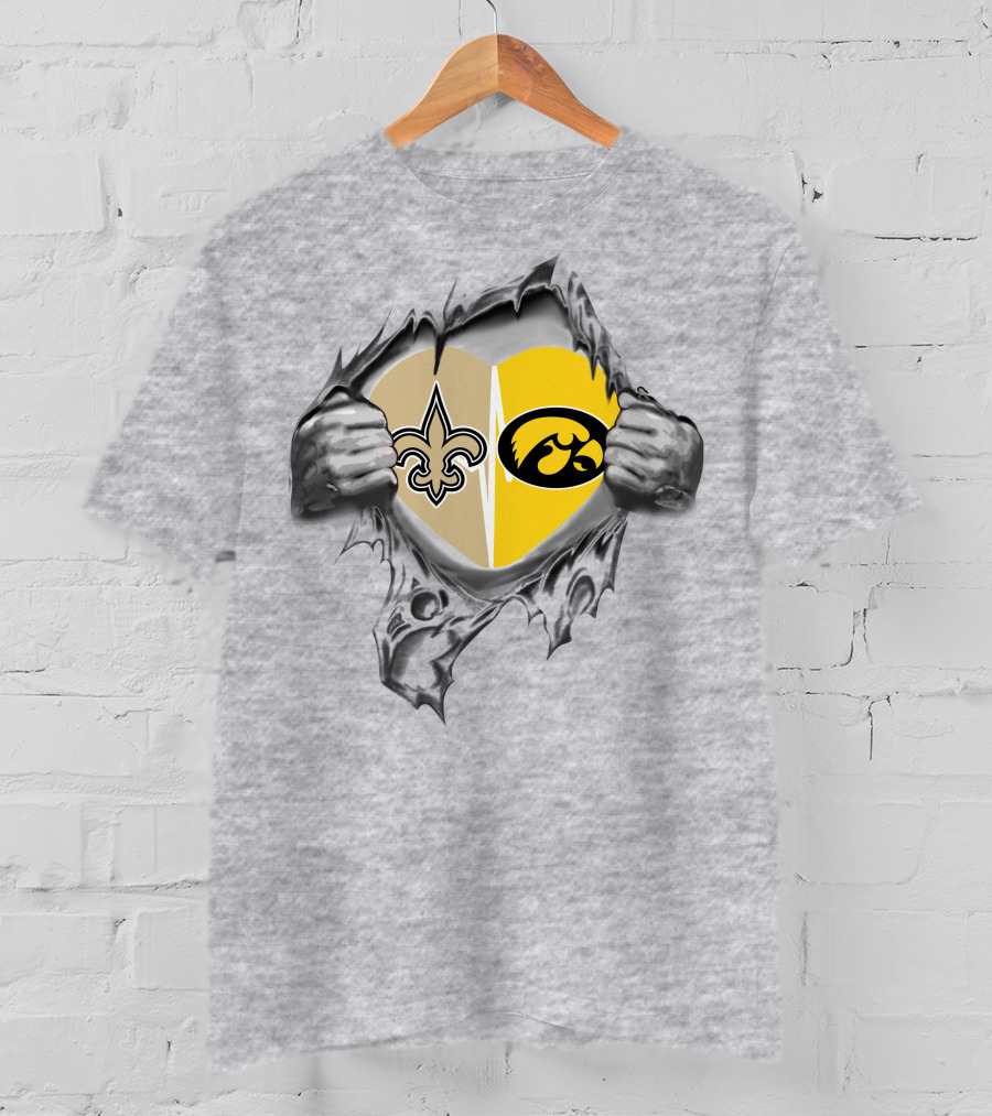 Saints Iowa Heart Split Fleur-de-Lis And Hawkeye T-Shirt
