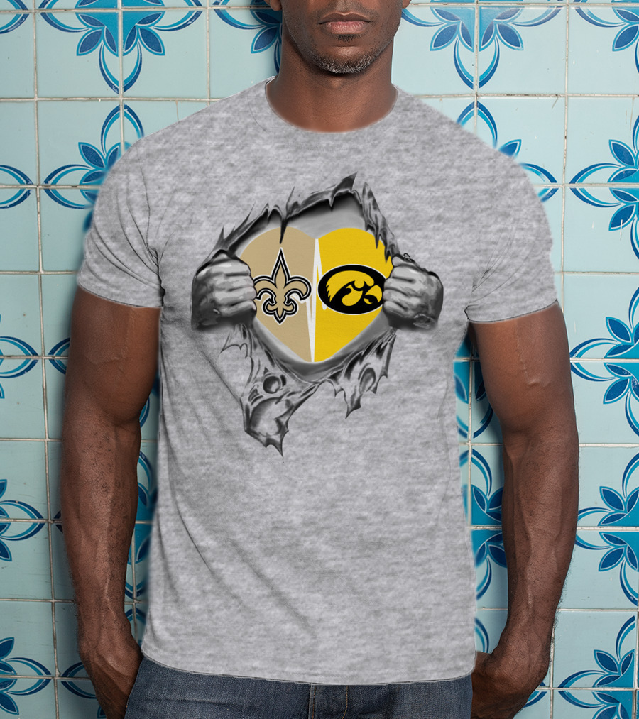Saints Iowa Heart Split Fleur-de-Lis And Hawkeye T-Shirt