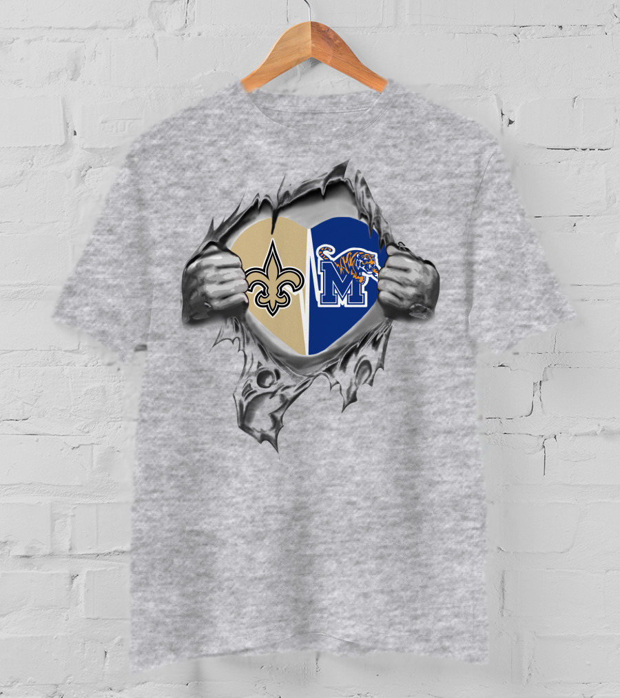 Saints Memphis Tigers Heart Logos Torn Fabric T-Shirt