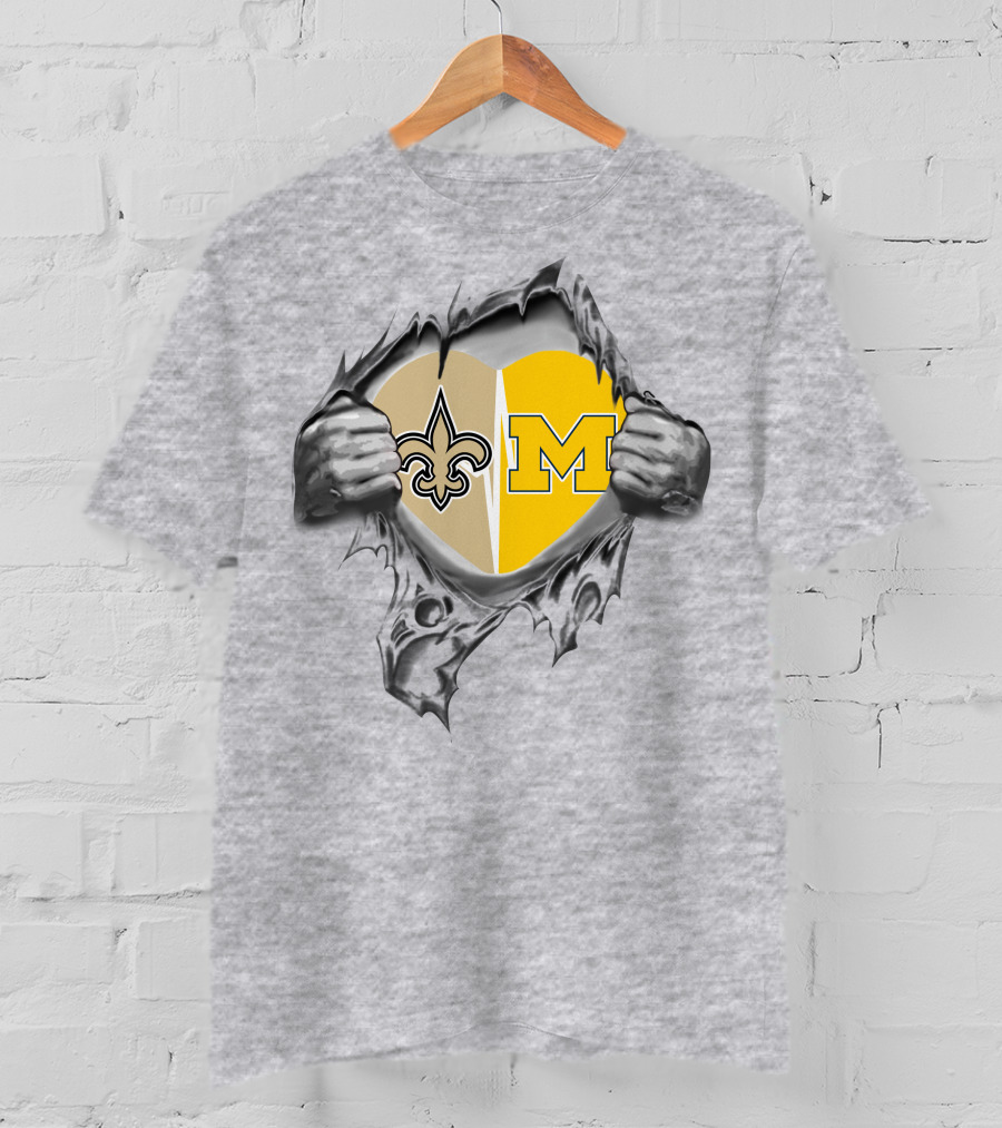Saints And Michigan Heart Symbol With Fleur-de-lis And Block M T-Shirt