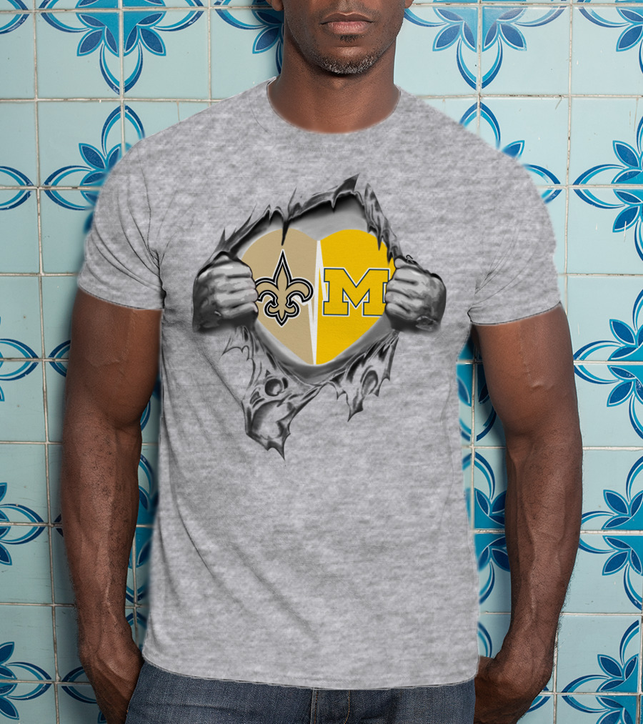 Saints And Michigan Heart Symbol With Fleur-de-lis And Block M T-Shirt