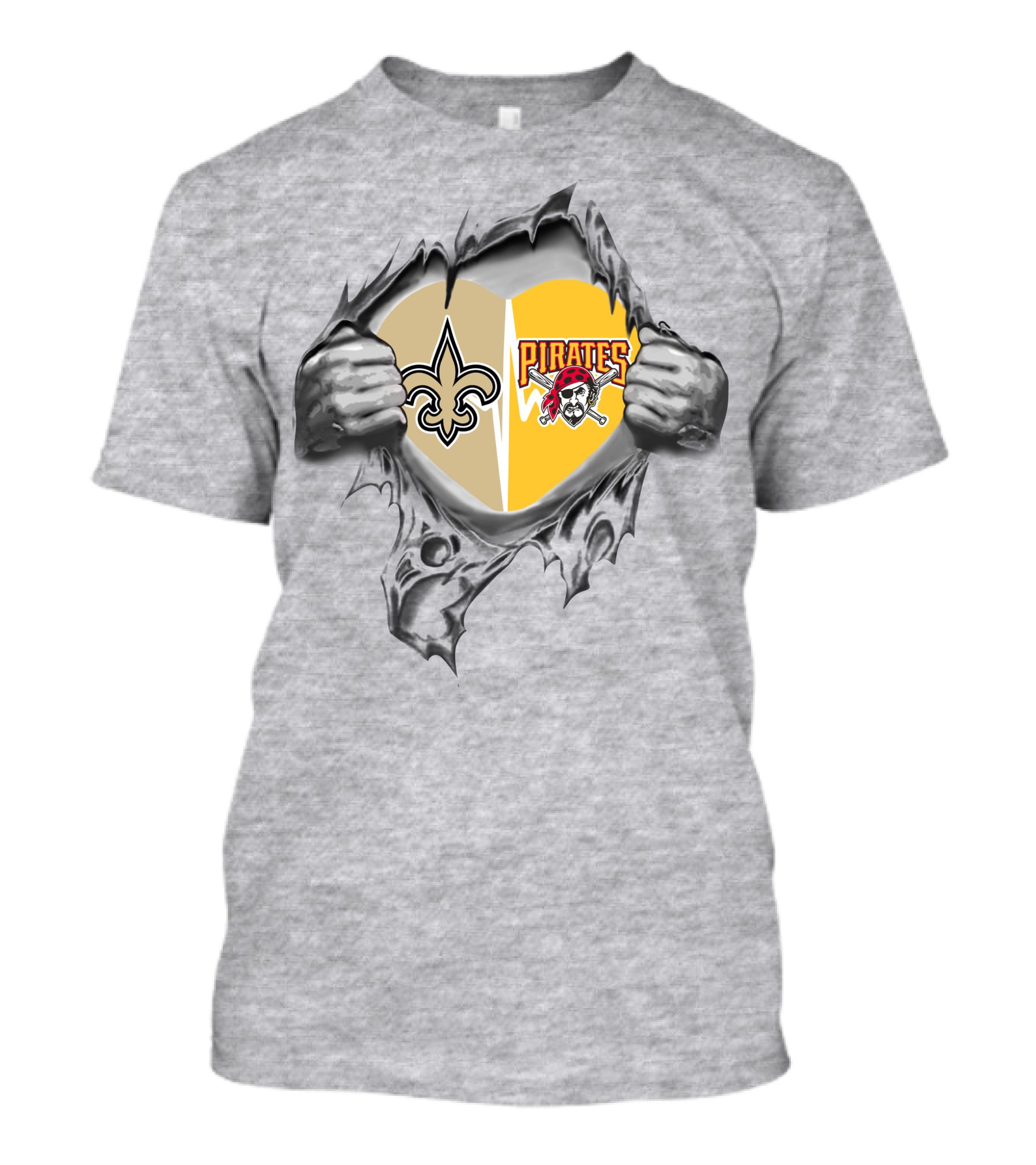 Saints Pirates Heart Split Fleur-de-Lis And Jolly Roger T-Shirt