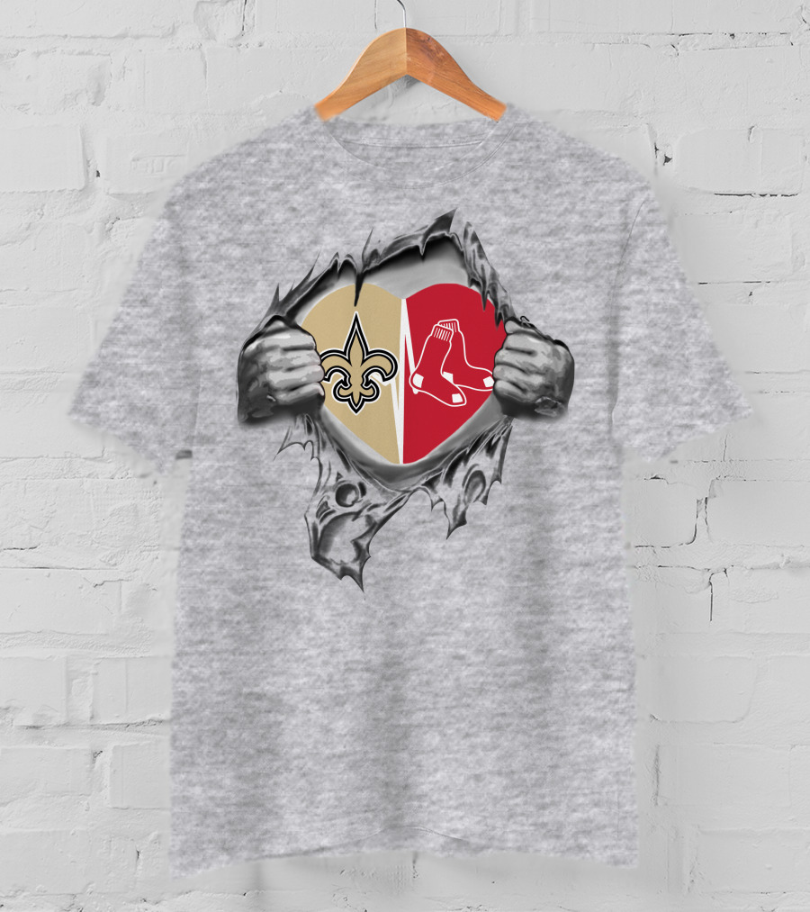 Saints Redsox Heart Design Featuring Iconic Fleur-de-Lis And Red Socks T-Shirt