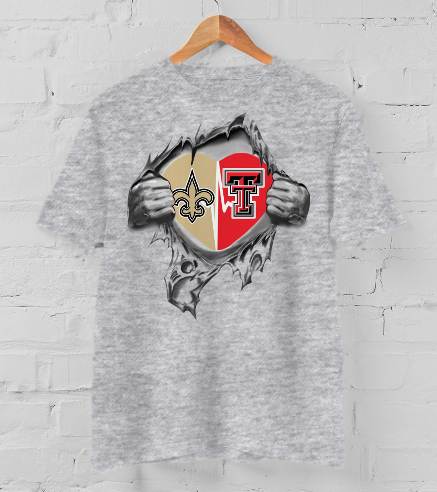 Saints Fleur-de-Lis And Texas Tech Double T Heart T-Shirt
