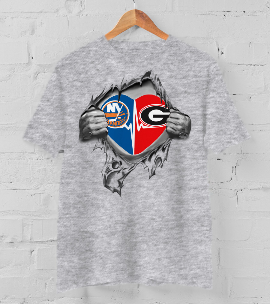 New York Islanders Georgia Bulldogs Heartbeat Logo Fan T-Shirt