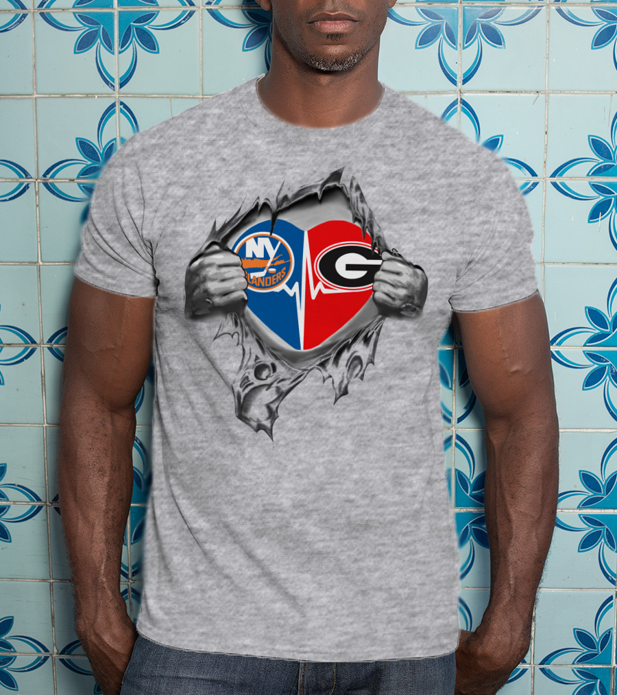 New York Islanders Georgia Bulldogs Heartbeat Logo Fan T-Shirt