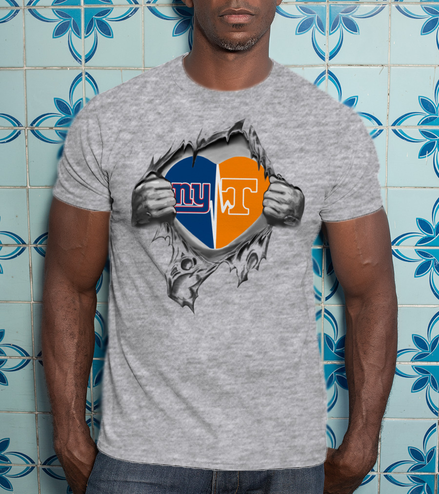 Giant Tennessee Heart Ny T Logo Split Inside Torn Metal Hands T-Shirt