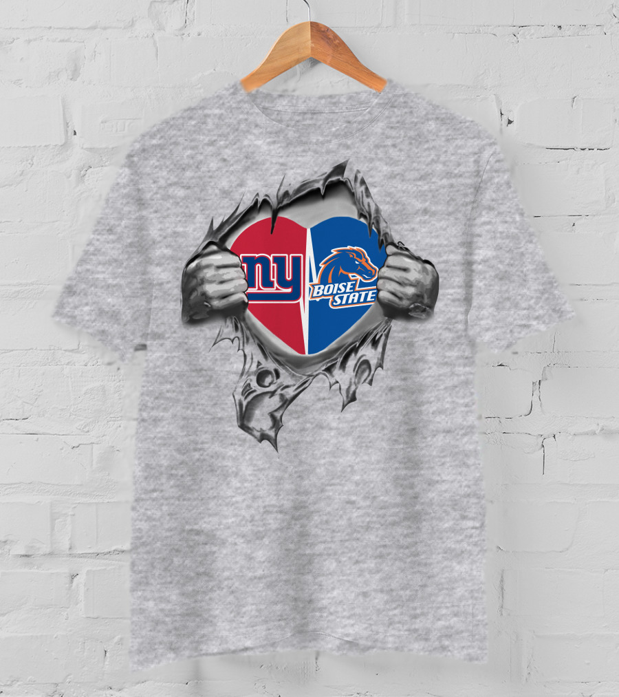 Giants Boise State Heart Combined Logos Torn Reveal T-Shirt