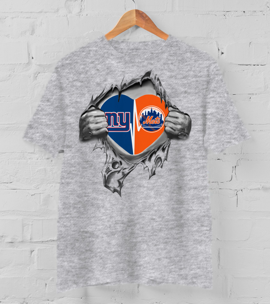 Giants Mets Heart Emblem Ripped Hands Logo Nfl Mlb Fan T-Shirt