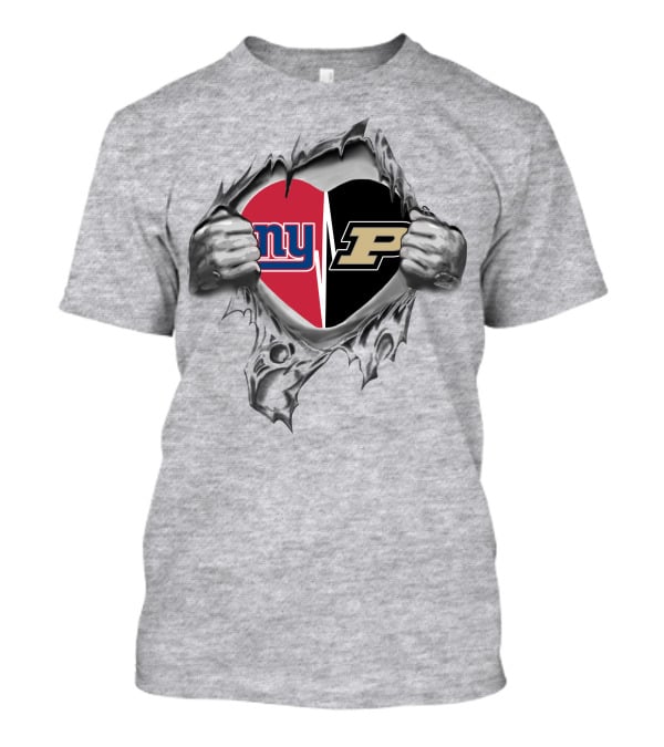 New York Giants And Purdue University Split Heart Design Tear Open T-Shirt