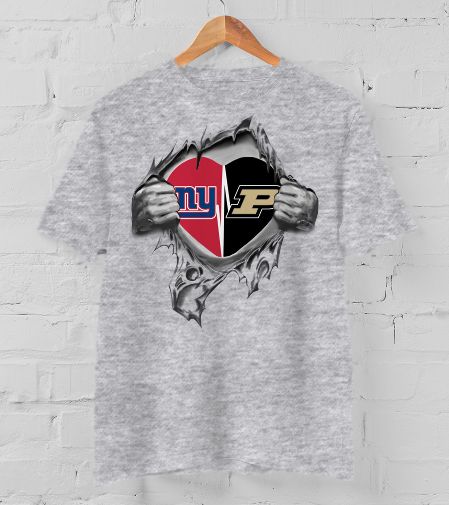 New York Giants And Purdue University Split Heart Design Tear Open T-Shirt
