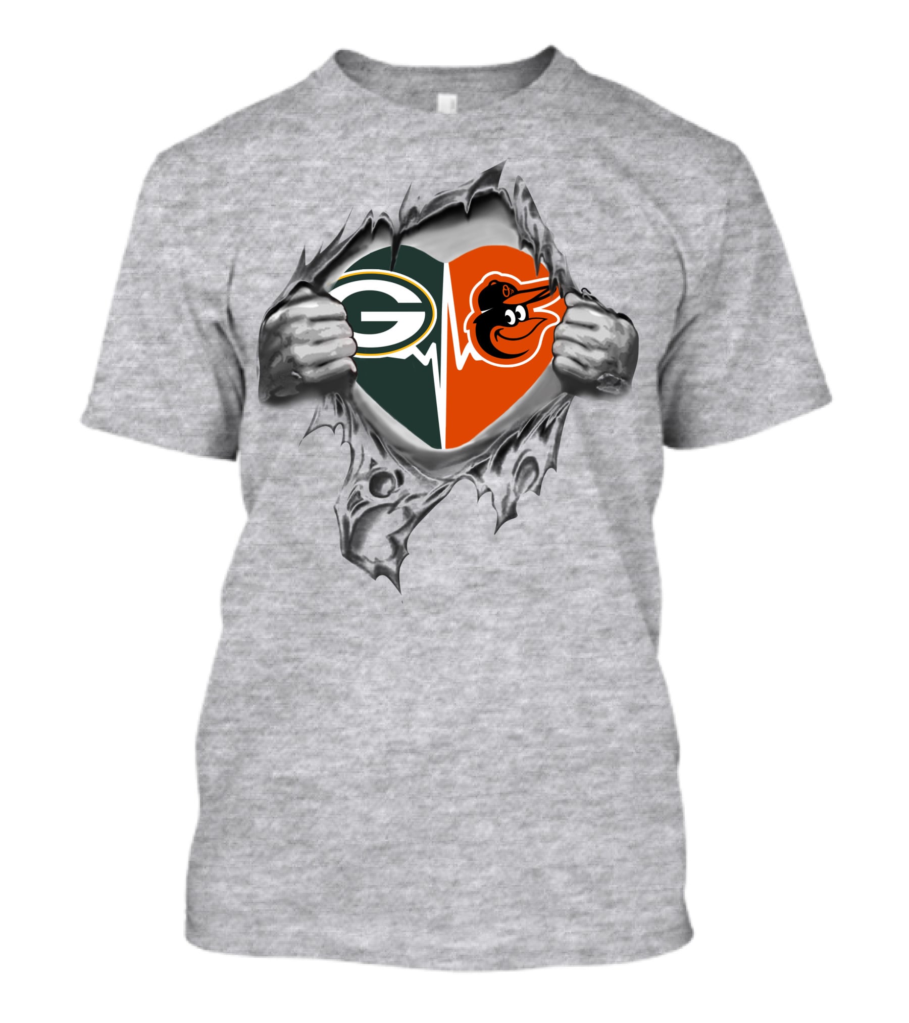 Green Bay Packers Baltimore Orioles Heartbeat Torn Fabric T-Shirt