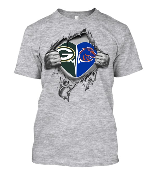 Green Bay Packers Heart Boise State Broncos Logo Pullover T-Shirt