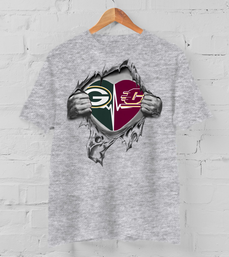 Green Bay Packers Central Michigan Chippewas Heartbeat Logo Fusion T-Shirt
