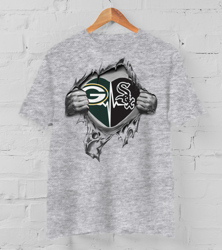 Green Bay Packers Chicago White Sox Heart Torn Open T-Shirt