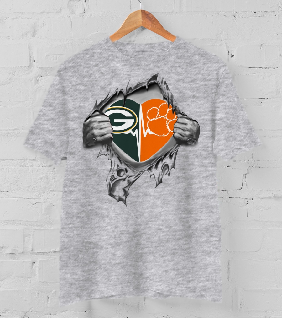 Green Bay Packers Clemson Tigers Heartbeat Logo Combination T-Shirt