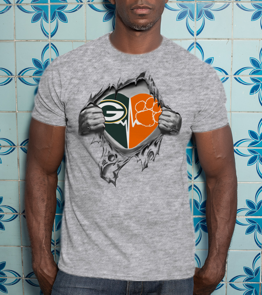 Green Bay Packers Clemson Tigers Heartbeat Logo Combination T-Shirt