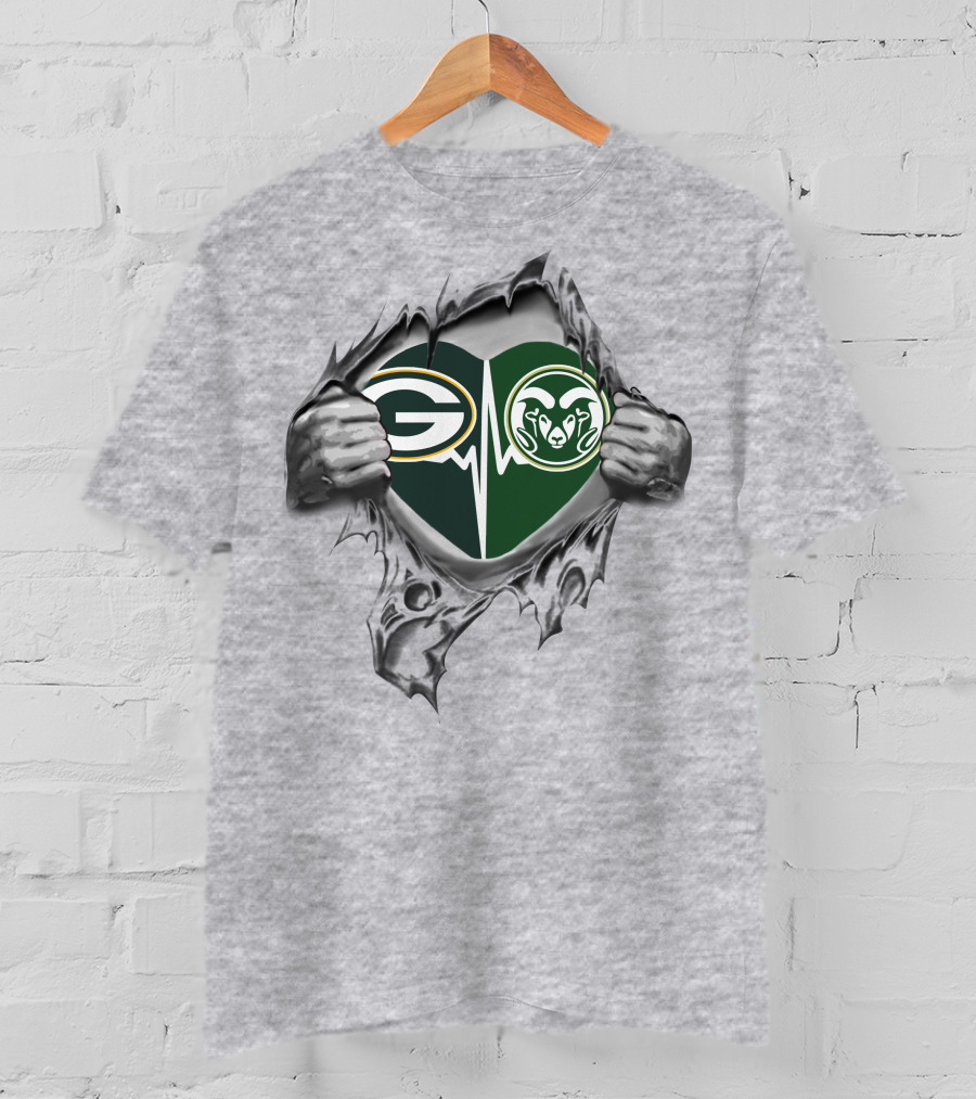 Green Bay Packers Colorado State Rams Heartbeat Silver Tear T-Shirt