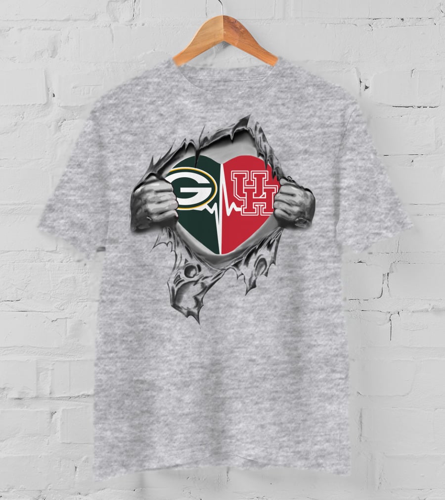 Green Bay Packers Houston Cougars Heartbeat Ripped T-Shirt