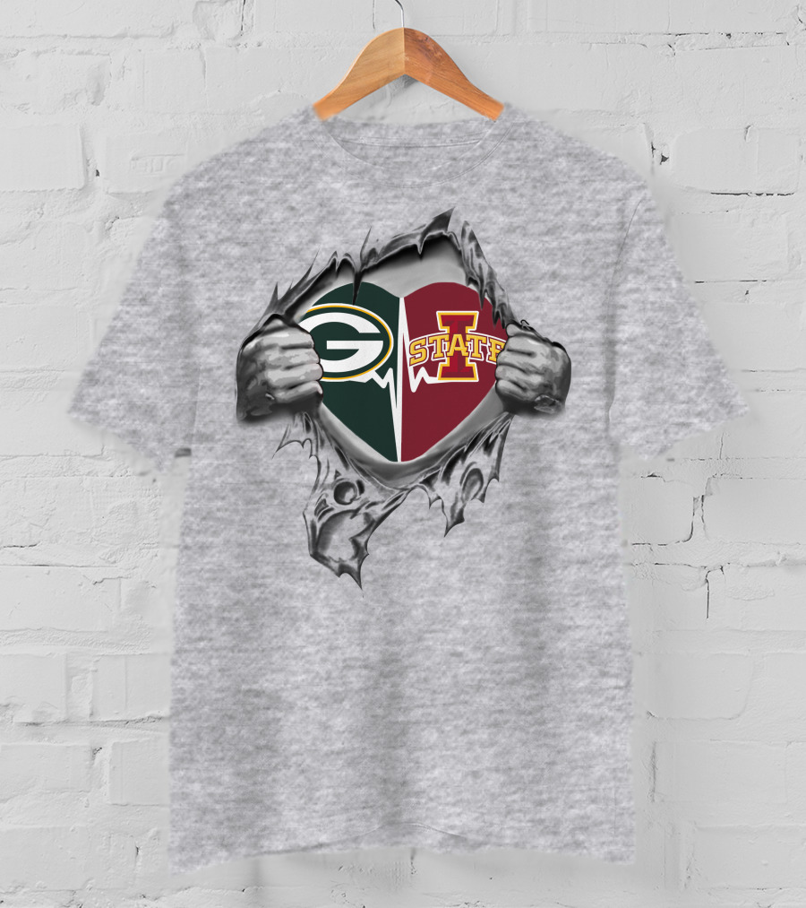 Green Bay Packers Iowa State Cyclones Heart Logo Ripped T-Shirt