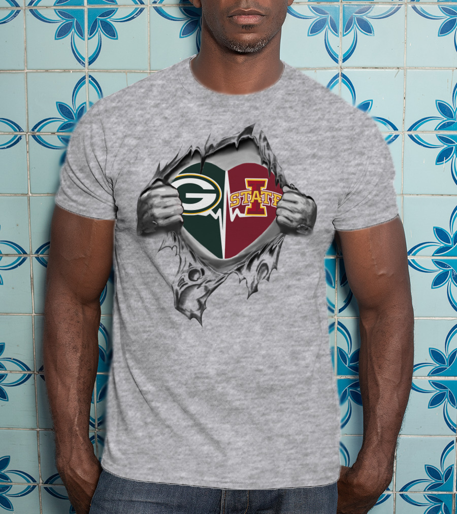Green Bay Packers Iowa State Cyclones Heart Logo Ripped T-Shirt